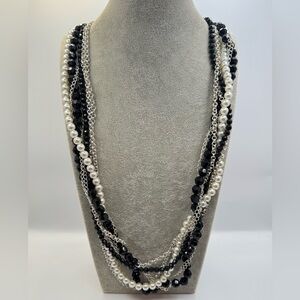 White House Black Market Black Beaded & Pearl Multi-Strand Long Necklace